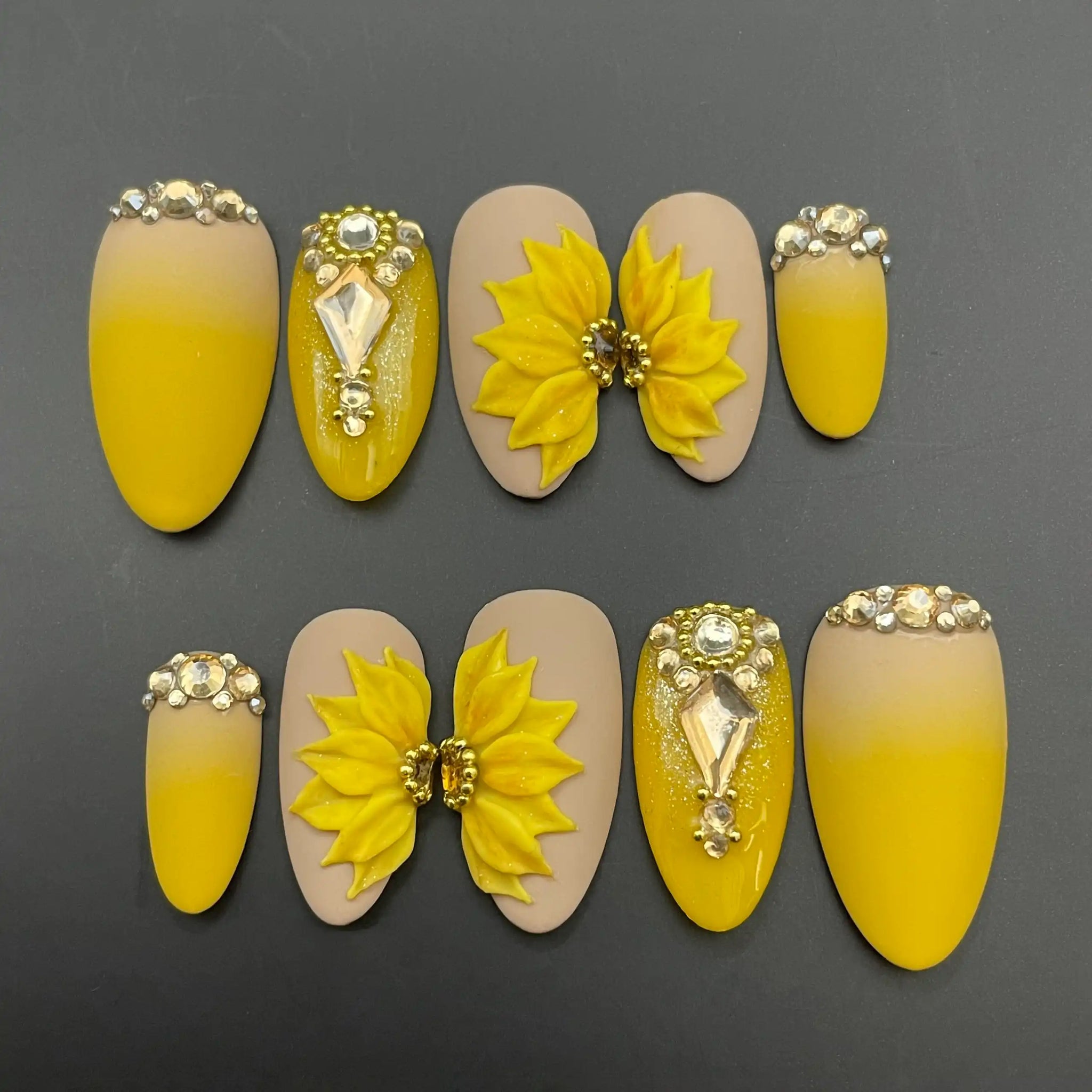 Handmade Sunflower Yellow 3D Diamond Luxury Floral Press on Nails F63