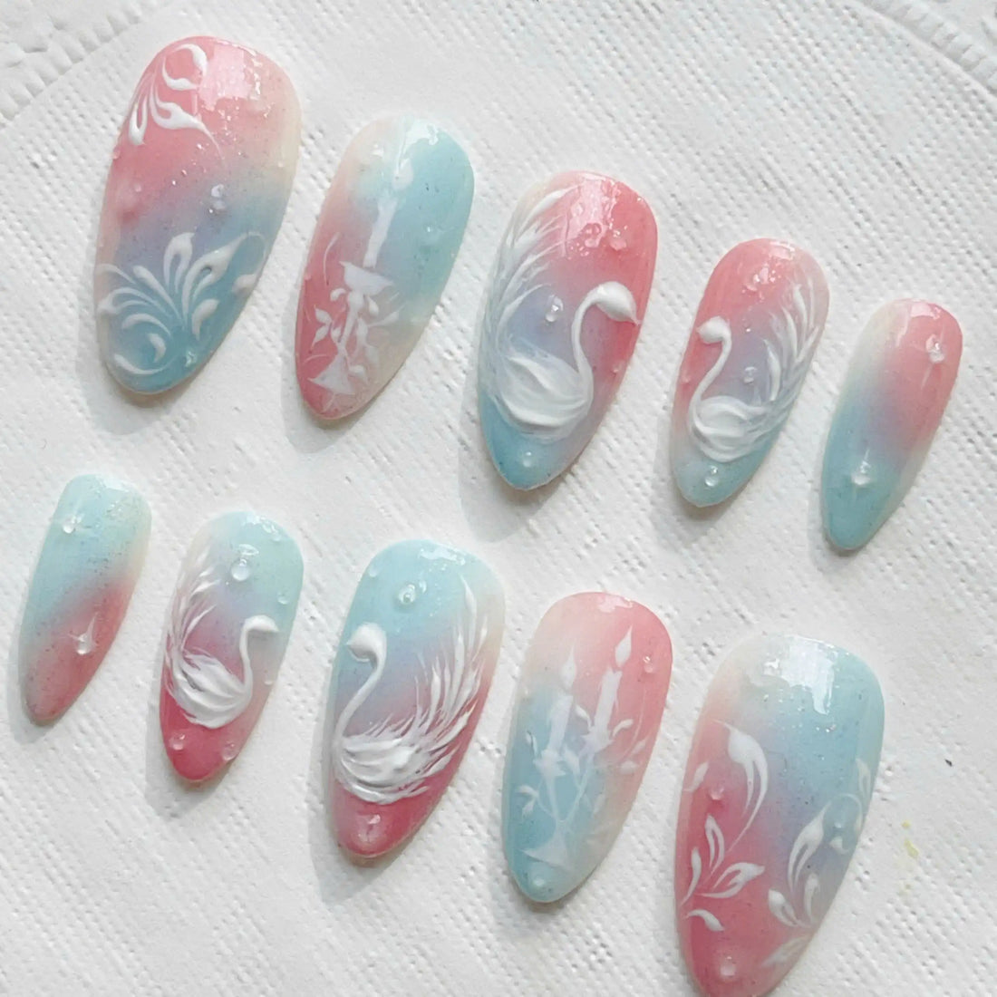 Handmade Swan Lake Ballet Pink Blue Elegant Press on Nails A76