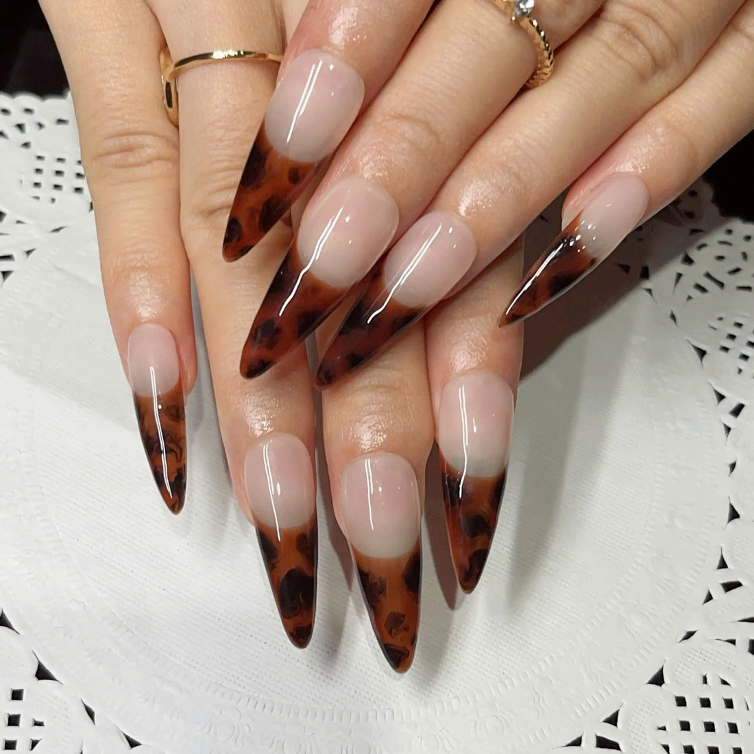 Handmade Tortoise Shell Animal Print French Tip Chic Press on Nails F25