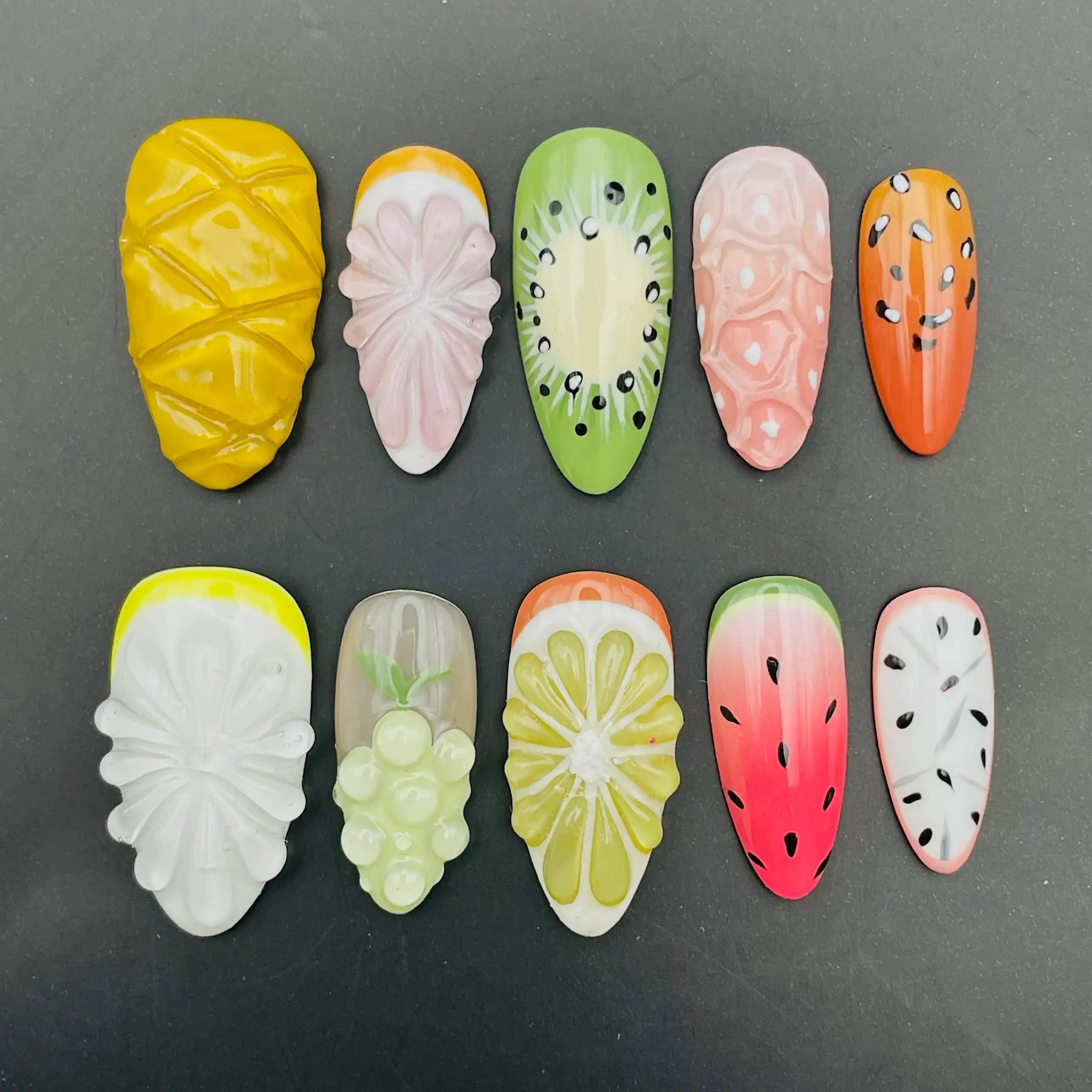 Handmade Tropical Fruit Pineapple Kiwi Watermelon Lemon Press on Nails C91