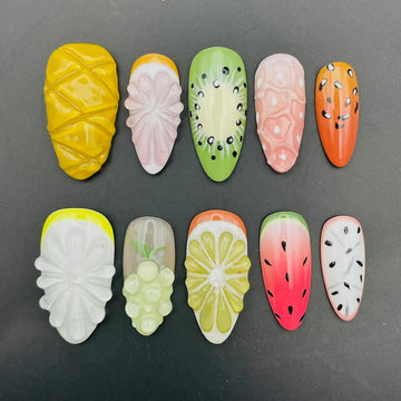 Handmade Tropical Fruit Pineapple Kiwi Watermelon Lemon Press on Nails C91