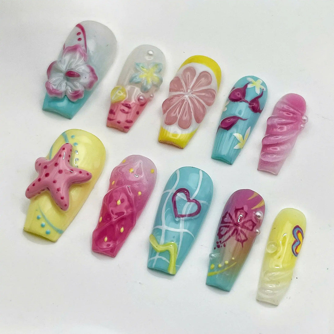 Handmade Tropical Summer 3D Flower Fruit Starfish Vibrant Press on Nails V45