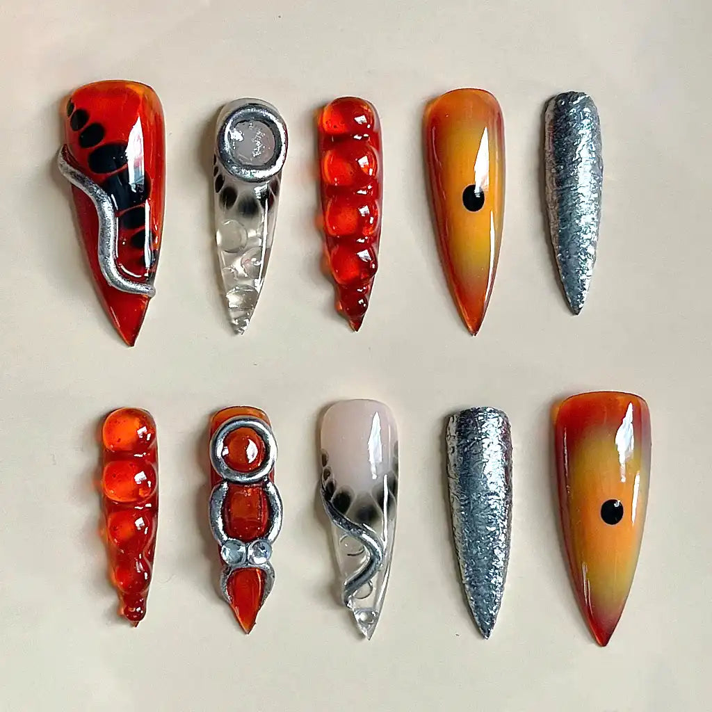 Handmade Unique Artistic Red Orange Metallic 3D Press on Nails O34