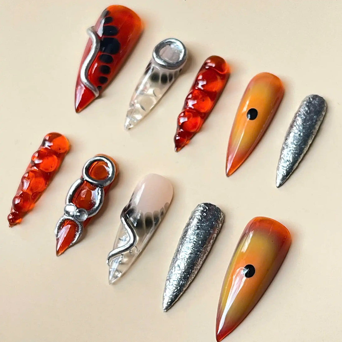Handmade Unique Artistic Red Orange Metallic 3D Press on Nails O34