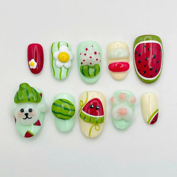 Handmade Watermelon Fruit 3D Cute Kawaii Playful Press on Nails Q41