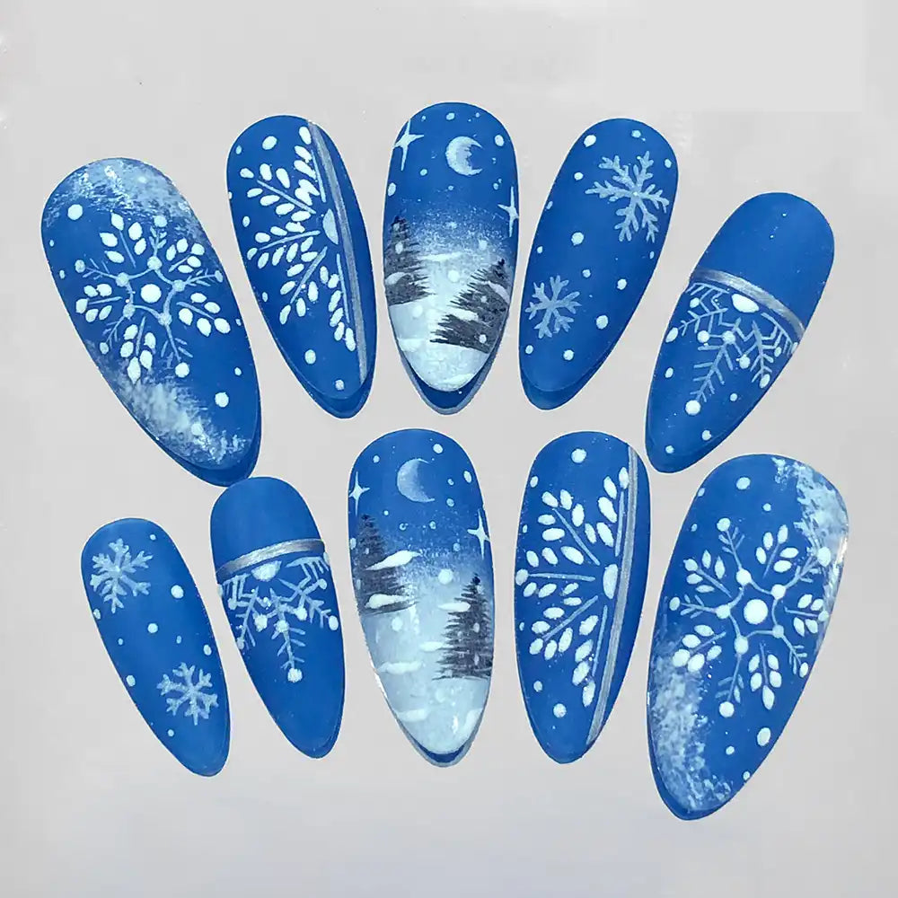 Handmade Winter Christmas Snowflake Blue Snow Festive Press on Nails G94