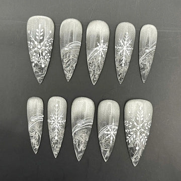 Handmade Winter Snowflake Silver Ice Magical Press on Nails O80