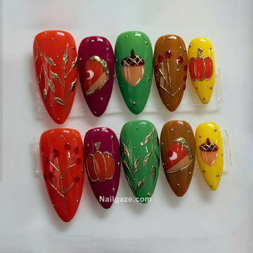 Harvest Feast | Handmade Autumn Pumpkin Pie Gold Metallic Gel Press-On Nails