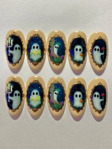 Haunted Glow | Handmade Glow in Dark Ghost Gold Frame Press-On Nails