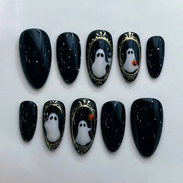 Haunted Portrait | Handmade Spooky Ghost Black Press-On Nails