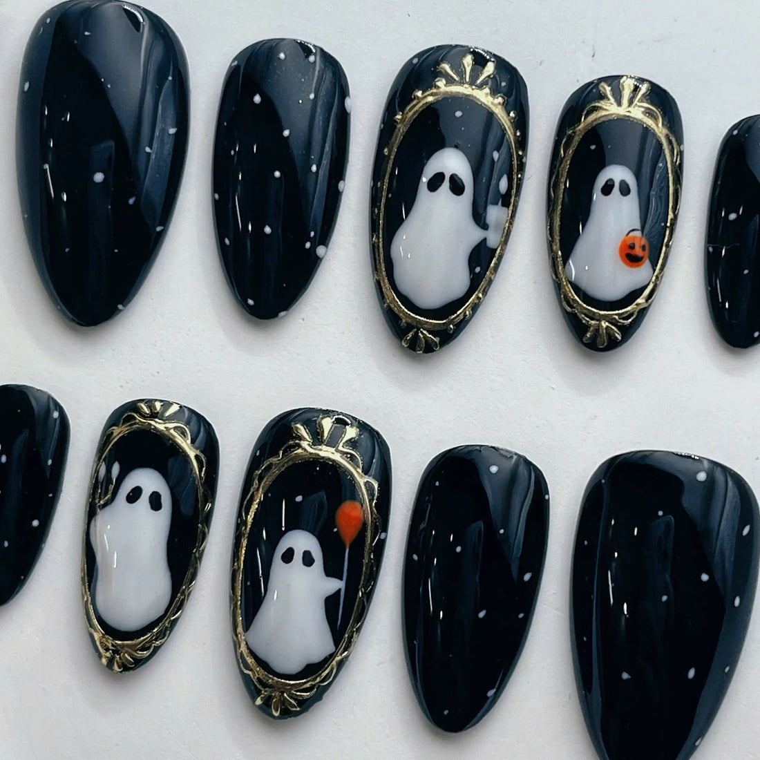 Haunted Portrait | Handmade Spooky Ghost Black Press-On Nails