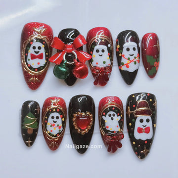 Holiday Haunt | Handmade Spooky Christmas Ghost 3D Bow Bell Press-On Nails