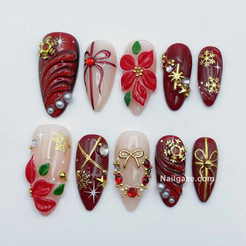 Holiday Poinsettia | Handmade 3D Red Poinsettia Festive Wreath Bow Press-On Nails