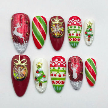 Holiday Sweater | Handmade Red Green Christmas Press-On Nails