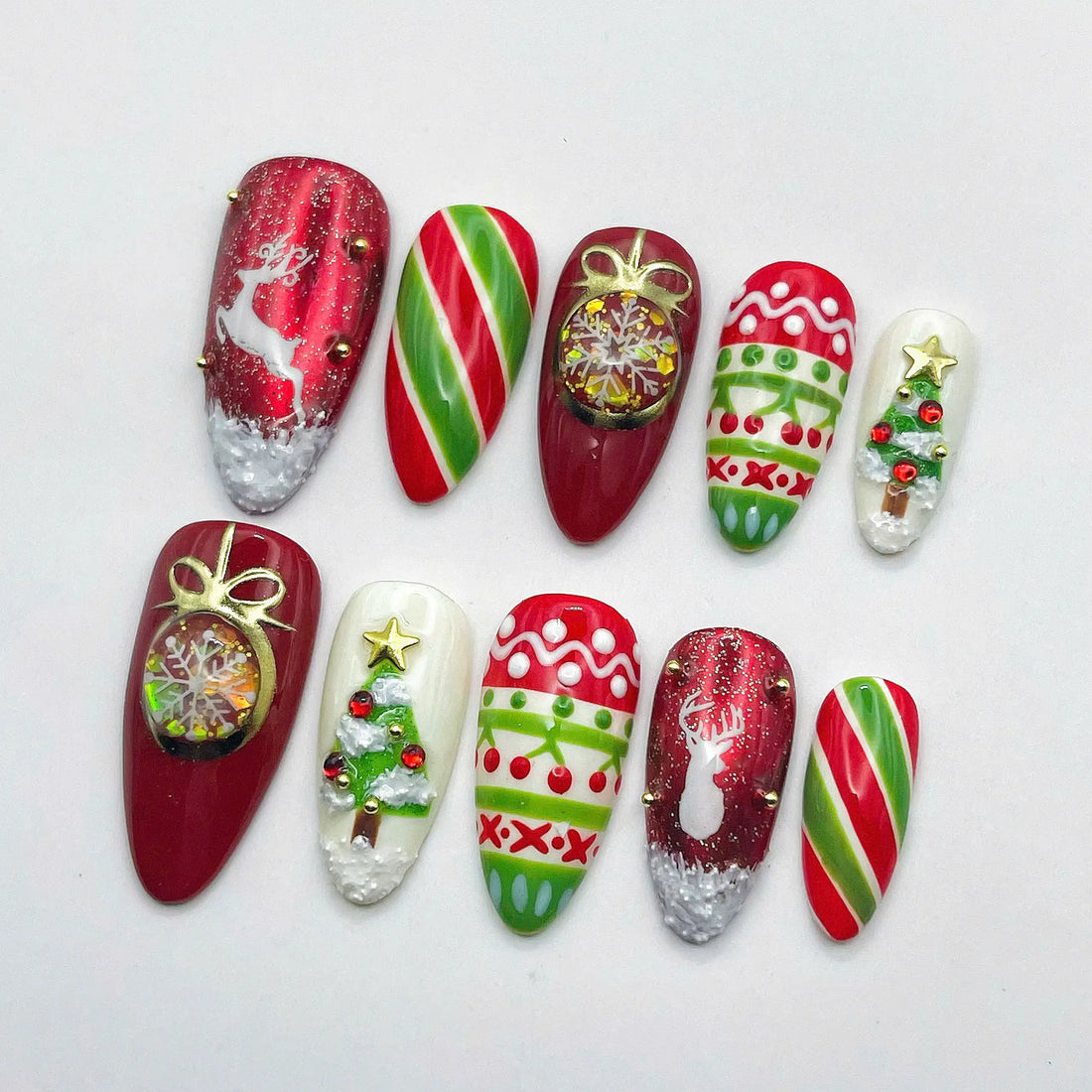 Holiday Sweater | Handmade Red Green Christmas Press-On Nails