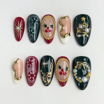 Holiday Wreath | Handmade 3D Gold Christmas Pearl Tree Red Green Press-On Nails