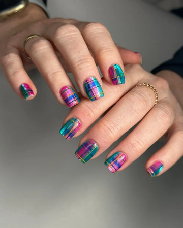 Holographic Tartan | Handmade Plaid Y2K Metallic Neon Pink Teal Press-On Nails