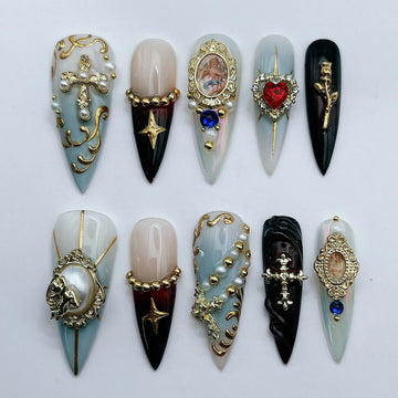Holy Cross | Handmade Gothic Luxury Gold Angel Press-On Nails