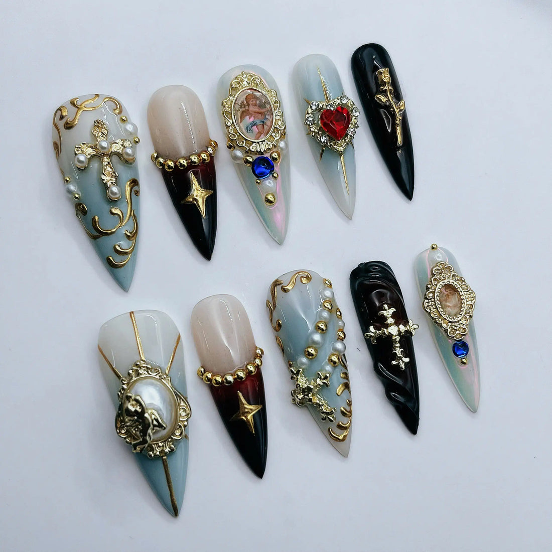 Holy Cross | Handmade Gothic Luxury Gold Angel Press-On Nails