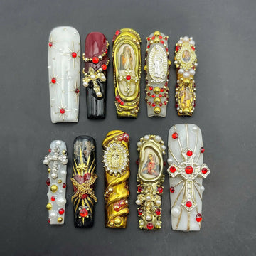 Holy Madonna | Handmade Luxury Gold Cross Pearl Press-On Nails