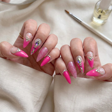 Hot Pink Bling | Handmade Hot Pink Rhinestone Luxury Y2K Ombre Press-On Nails