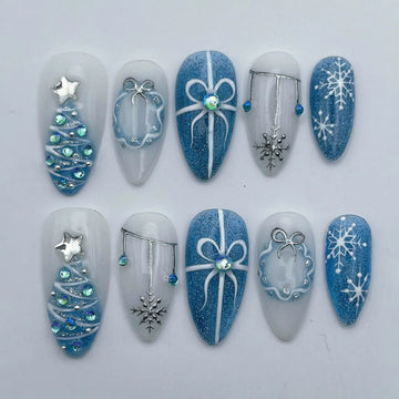 Icy Blue | Handmade 3D Silver Glitter Christmas Press-On Nails
