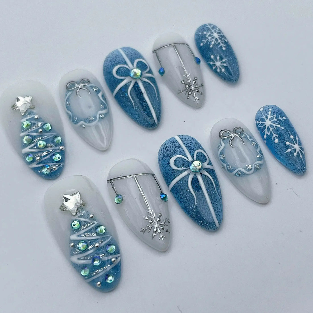 Icy Blue | Handmade 3D Silver Glitter Christmas Press-On Nails