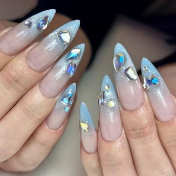 Icy Shimmer | Handmade Luxury Icy Blue Cat Eye Rhinestone Press-On Nails