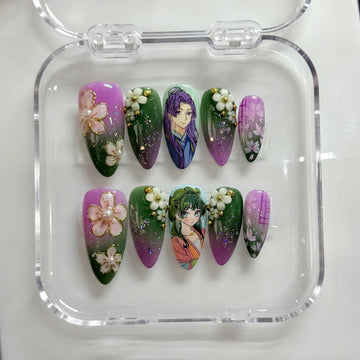 Imperial Herbs | Handmade Green Purple Pastel Fantasy Anime Character Press-On Nails