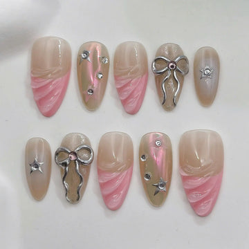 Iridescent Dream | Handmade Pink Nude Bow Press-On Nails
