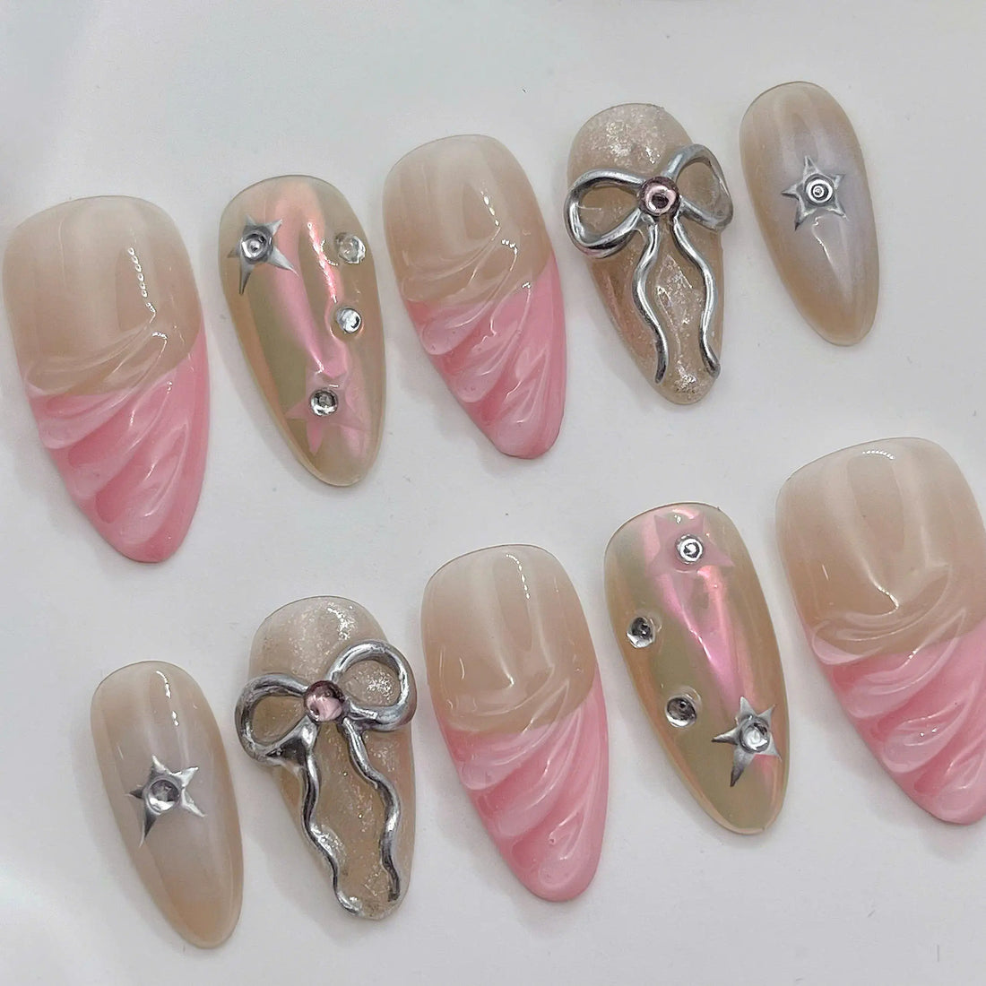 Iridescent Dream | Handmade Pink Nude Bow Press-On Nails