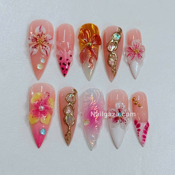 Island Hibiscus | Handmade Tropical Pink Floral Gold Chrome Press-On Nails
