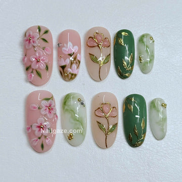 Jade Blossom | Handmade Pink Cherry Green Jade Marble Press-On Nails
