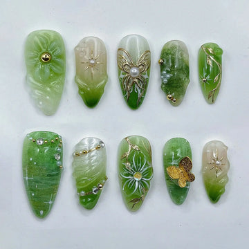 Jade Butterfly | Handmade Spring 3D Gold Flower Press-On Nails