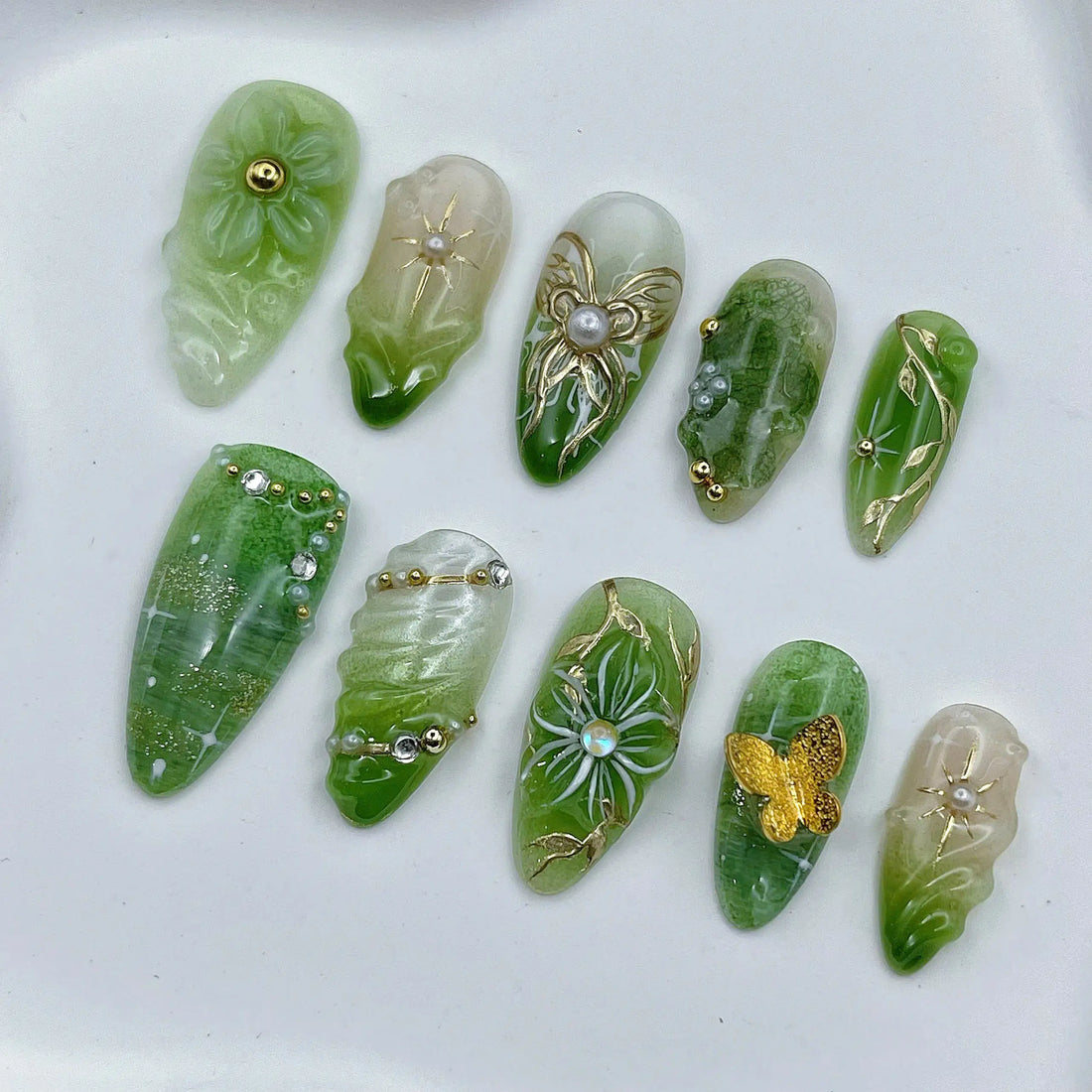 Jade Butterfly | Handmade Spring 3D Gold Flower Press-On Nails