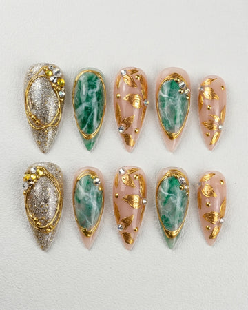 Jade Luxury | Handmade Emerald Marble 3D Gold Leaf Press-On Nails
