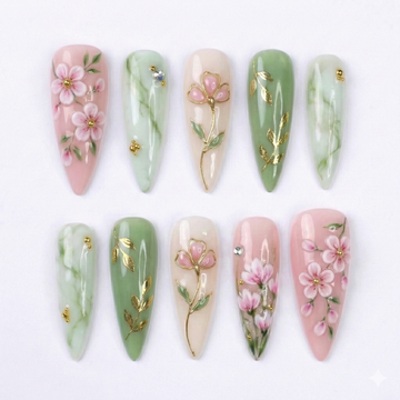 Jade Sakura | Handmade Cherry Blossom Green Jade Marble Press-On Nails