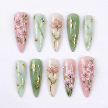 Jade Sakura | Handmade Cherry Blossom Green Jade Marble Press-On Nails
