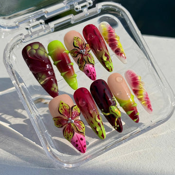Jungle Bloom | Handmade 3D Frog Floral Green Purple Tropical Press-On Nails