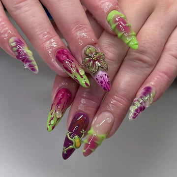Jungle Bloom | Handmade 3D Frog Green Purple Floral Press-On Nails
