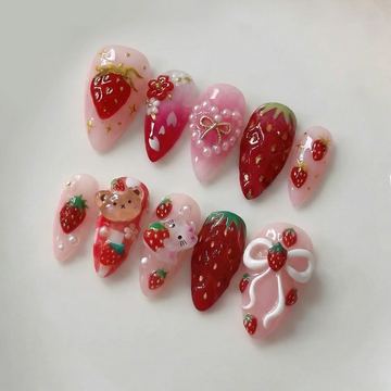 Kawaii Kitty | Handmade 3D Strawberry Coquette Bow Charms Press-On Nails