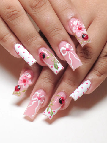 Ladybug Bloom | Handmade 3D Floral Pink Polka Dot Bow Gel Press-On Nails