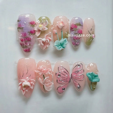 Lotus Whisper | Handmade 3D Lotus Flower Pink Butterfly Pastel Floral Press-On Nails