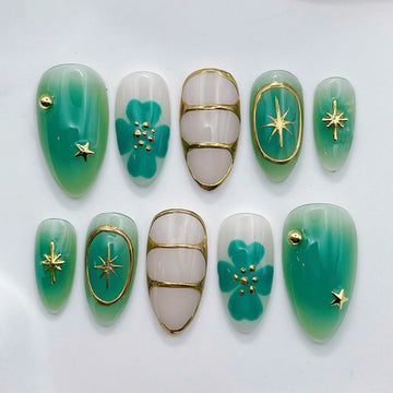 Lucky Clover | Handmade Festive Green Gold Star Press-On Nails