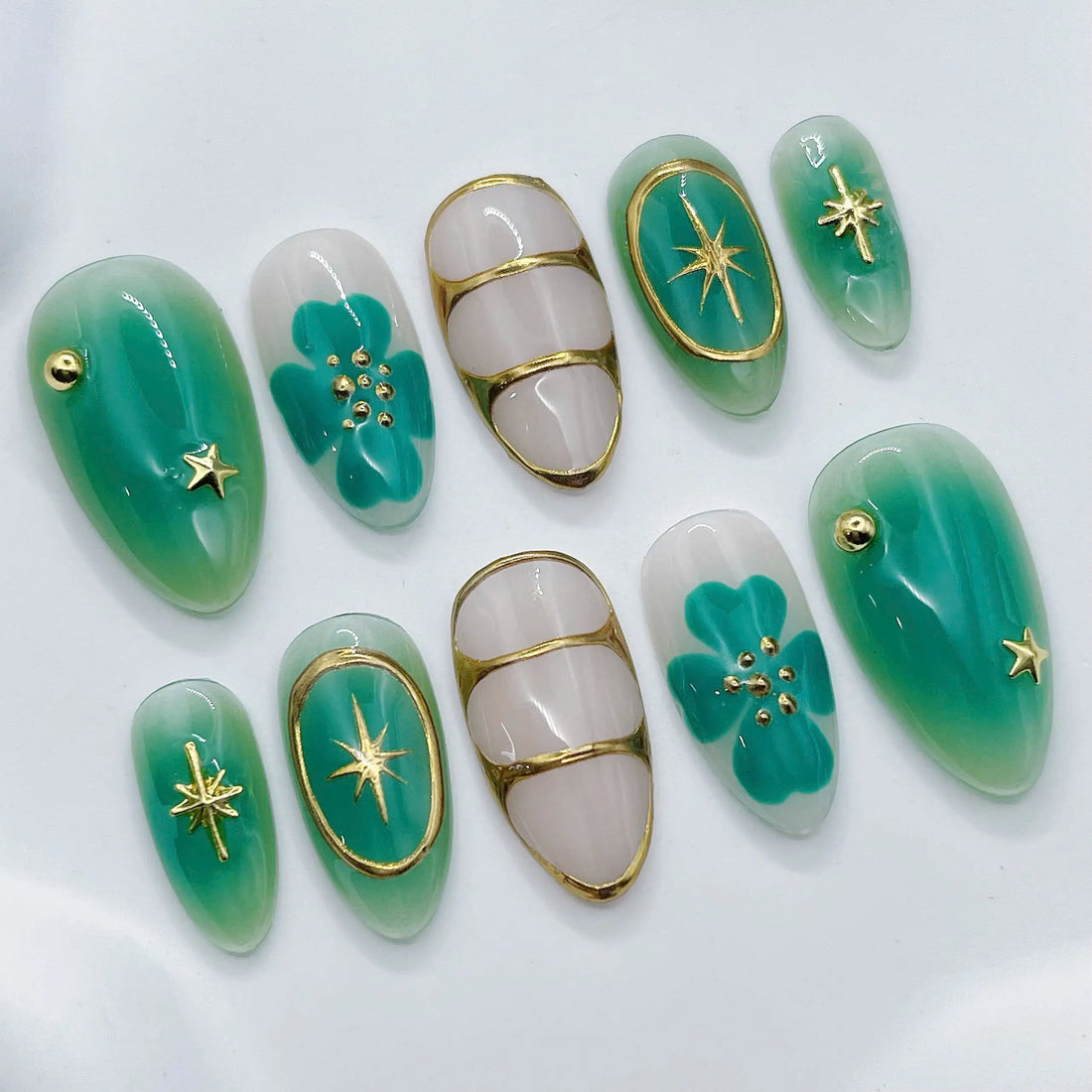 Lucky Clover | Handmade Festive Green Gold Star Press-On Nails