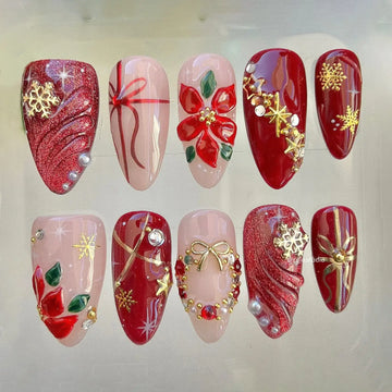 Luxury Poinsettia | Handmade Red Gold Christmas Press-On Nails