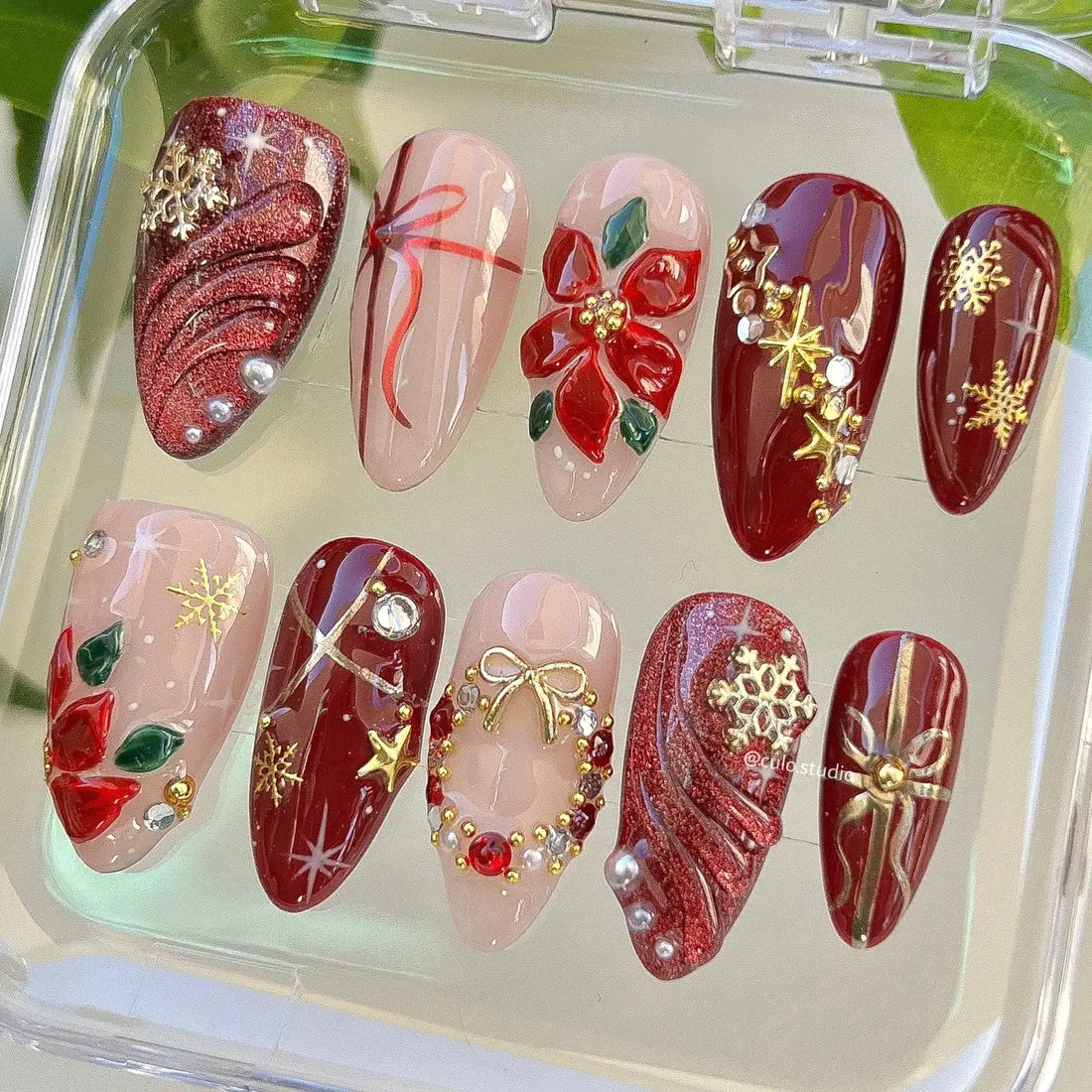 Luxury Poinsettia | Handmade Red Gold Christmas Press-On Nails