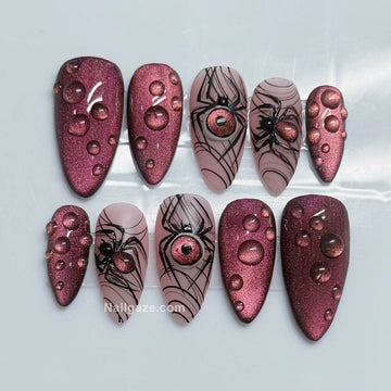 Mauve Web | Handmade Cat Eye 3D Spider Dew Drop Press-On Nails