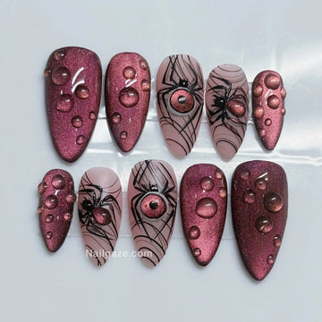 Mauve Web | Handmade Cat Eye 3D Spider Dew Drop Press-On Nails