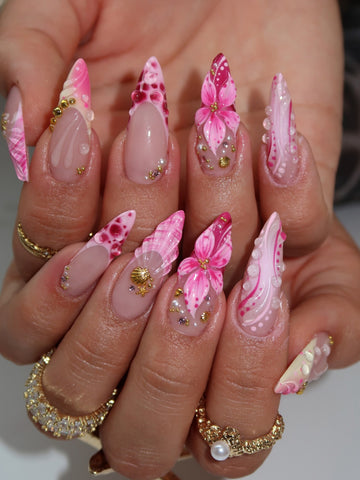 Mermaid Coral | Handmade 3D Seashell Pink Tropical Floral Press-On Nails